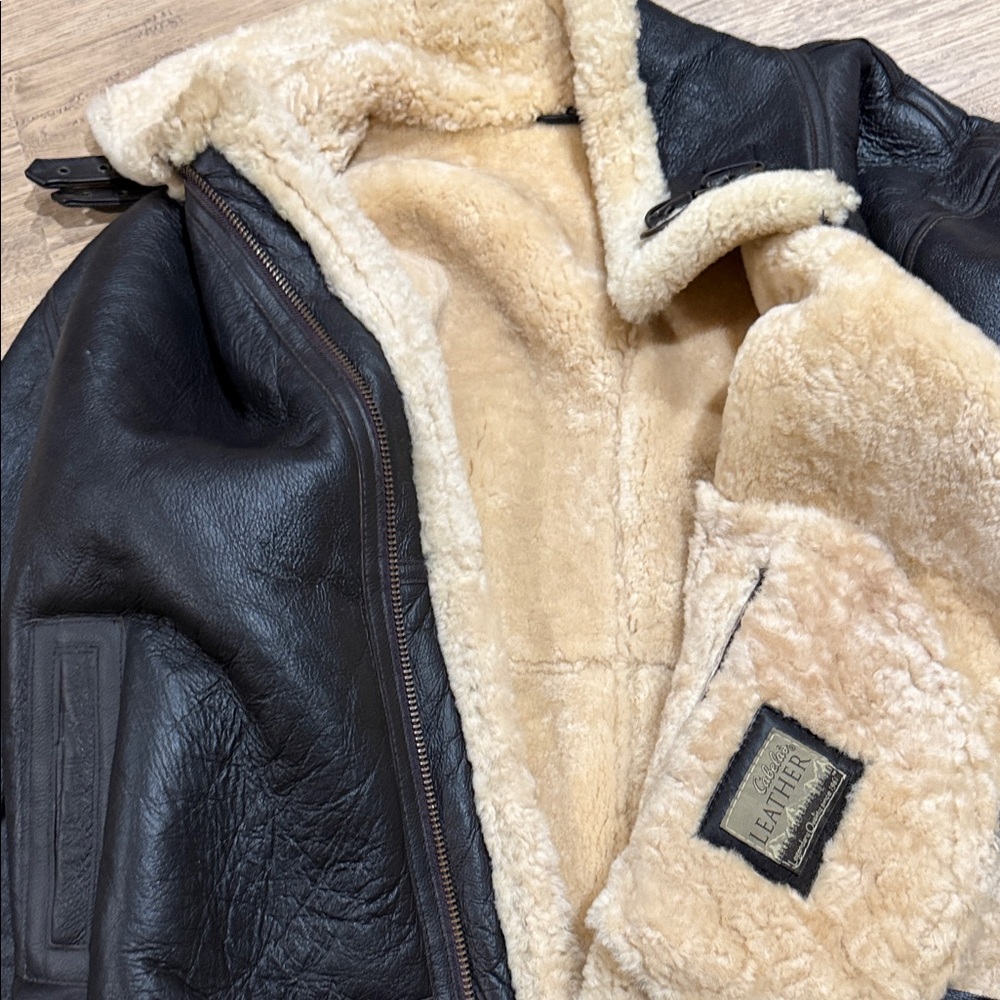 Cabela's Brown Leather Bomber Jacket with shearling sheepskin